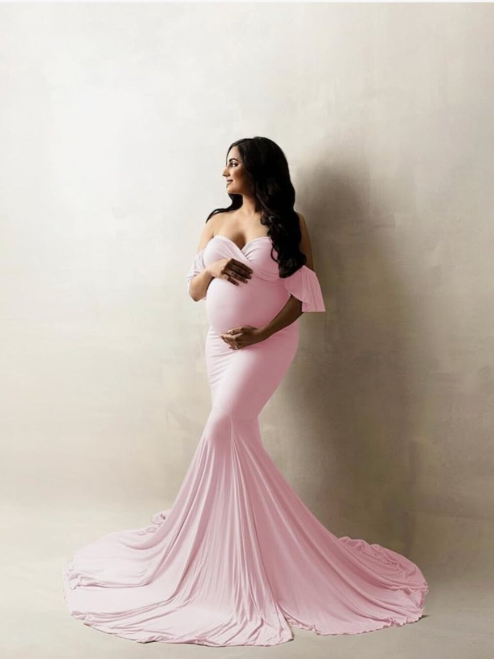 Off Shoulder Ruffle Sleeves Elegant Fitted Maxi Maternity Dress